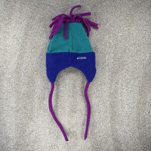 VTG Columbia 90s Fleece Ski Hat‎ Fringe Color Block Teal Purple Youth L/XL